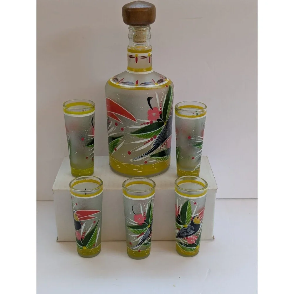 Tropical Toucan Bird Tequila Decanter And Shot Glass Set Hand Painted Frosted 9